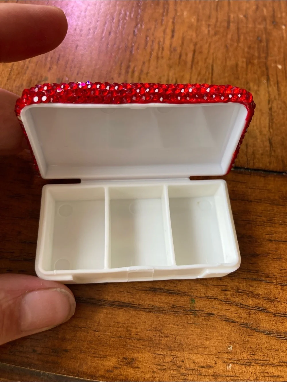 Hand Crafted Red Rhinestone Mini Pill Organizer
